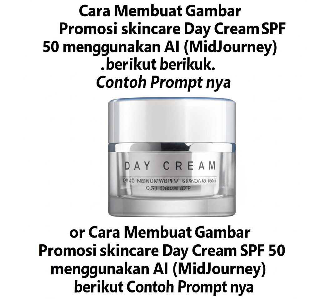 Cara Membuat Gambar Promosi skincare Day Cream SPF 50 menggunakan AI (MidJourney) berikut Contoh Prompt nya