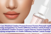 Cara Membuat Gambar Promosi skincare Essence Pencerah wajah glowing menggunakan AI (Stable Diffusion) berikut Contoh Prompt nya