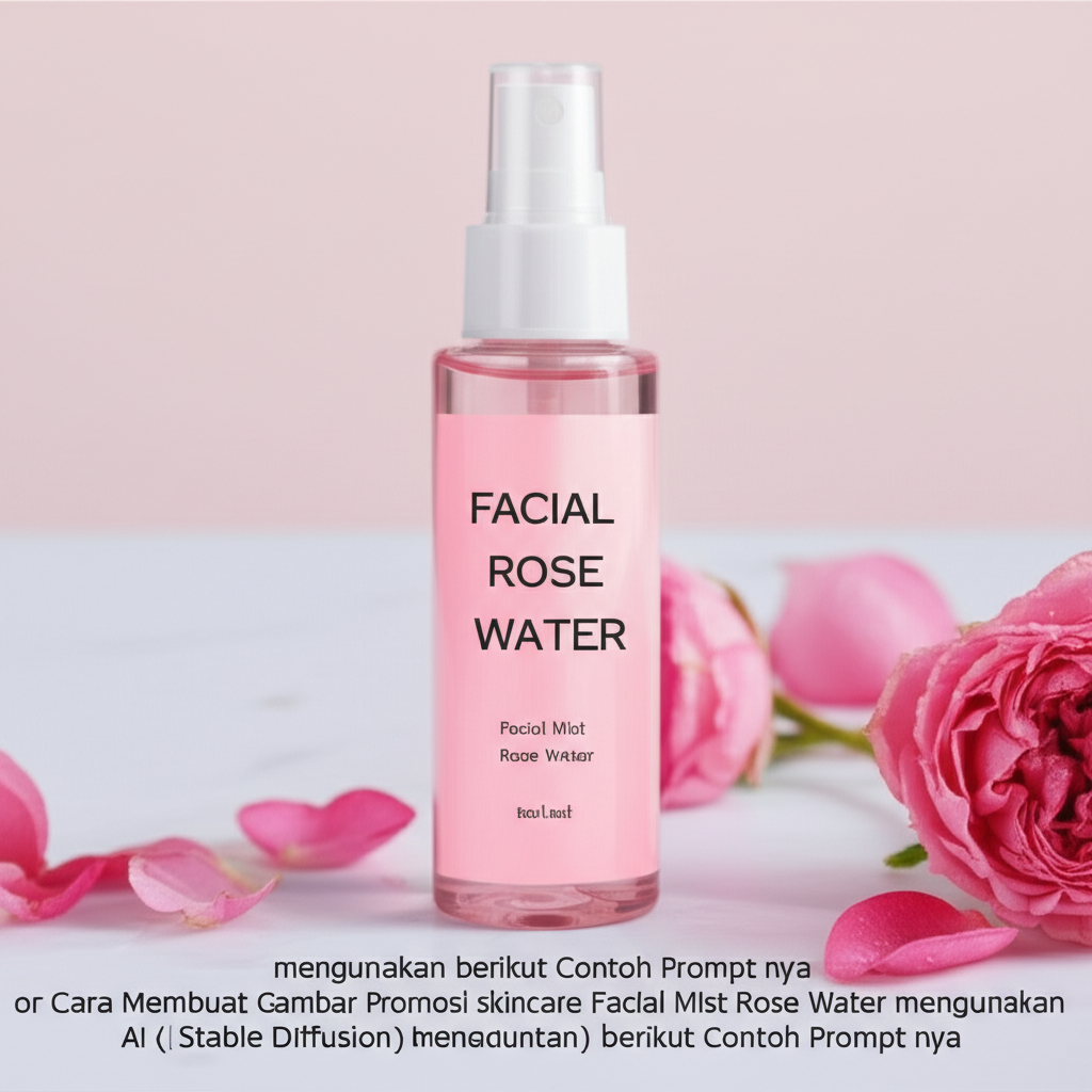 Cara Membuat Gambar Promosi skincare Facial Mist Rose Water menggunakan AI (Stable Diffusion) berikut Contoh Prompt nya