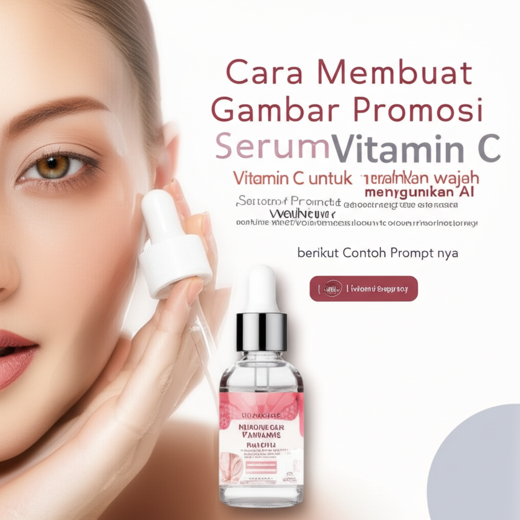 Cara Membuat Gambar Promosi skincare Serum Vitamin C untuk mencerahkan wajah menggunakan AI (MidJourney) berikut Contoh Prompt nya