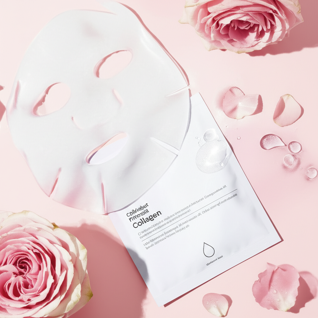Cara Membuat Gambar Promosi skincare Sheet Mask Collagen menggunakan AI (MidJourney) berikut Contoh Prompt nya